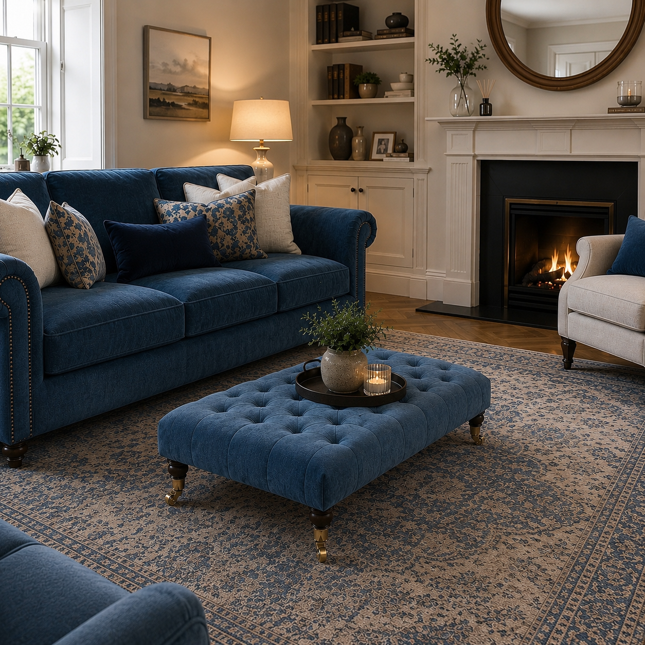 Bleu Chesterfield Upholstered Footstool / Coffee Table