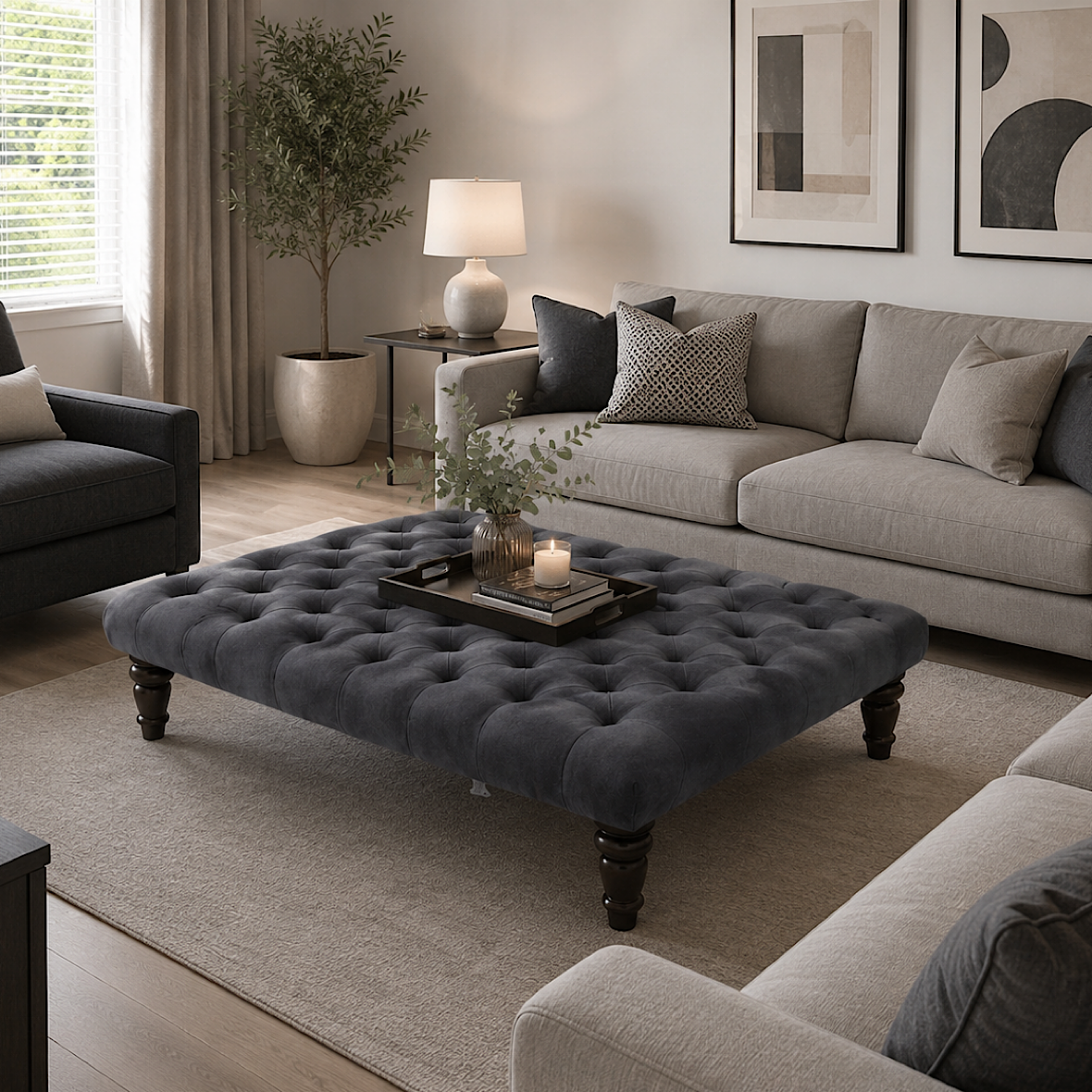 Large Chesterfield Upholstered Footstool / Coffee Table