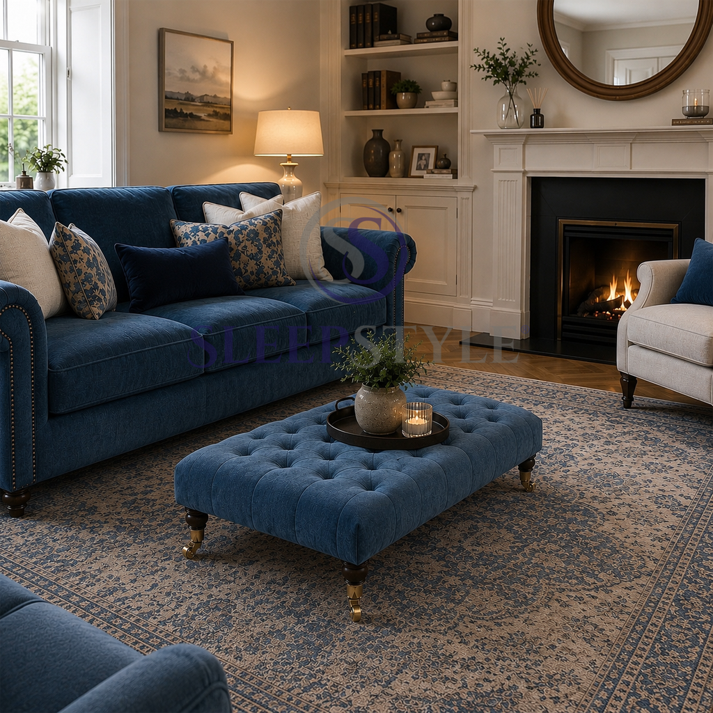 Bleu Chesterfield Upholstered Footstool / Coffee Table