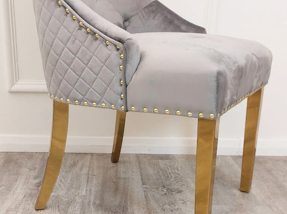 Bentley Gold Knocker Light Grey Velvet Dining Chair